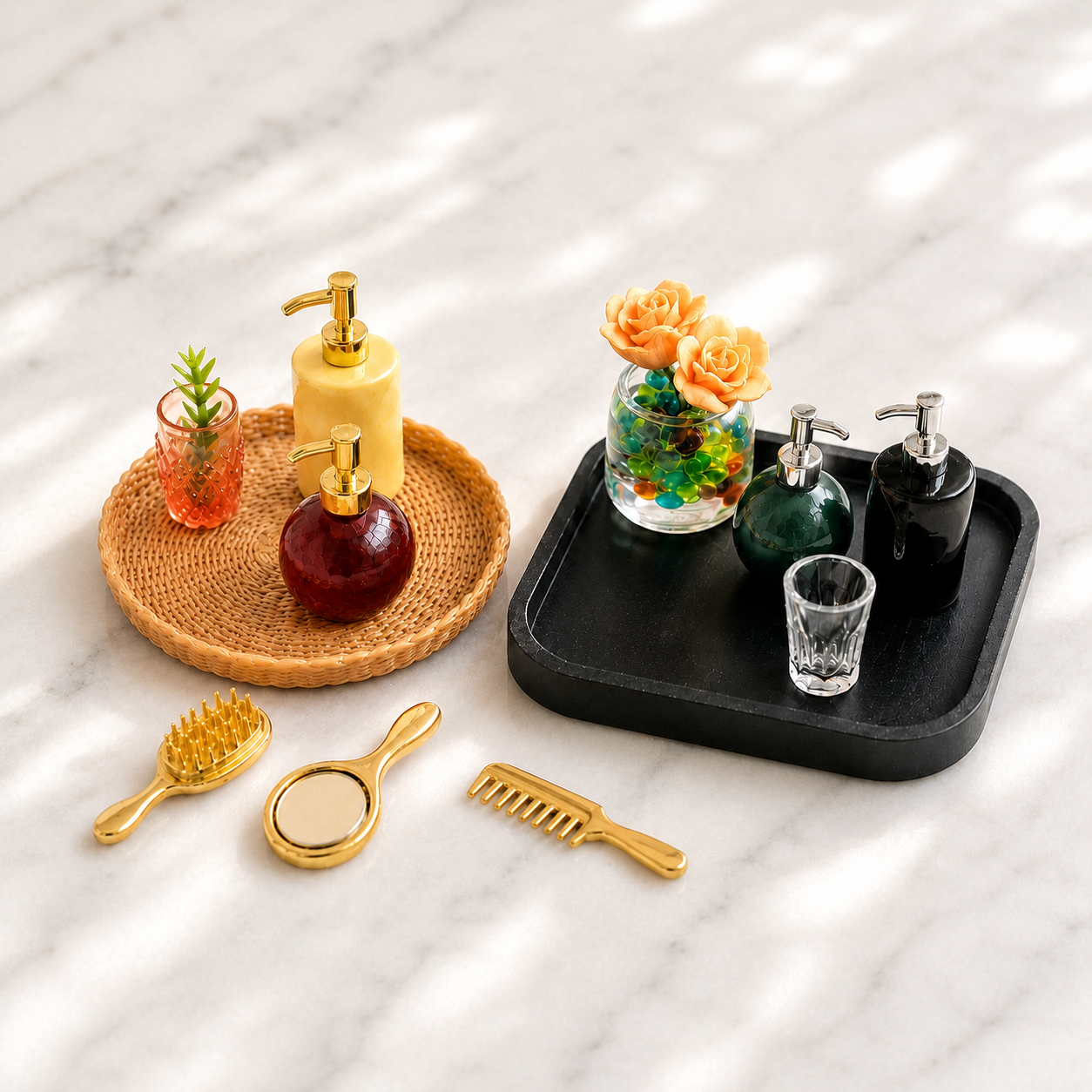 FDMINI Mini Bathroom Vanity Tray Set – 2 Styles Miniature Soap Dispensers, Towels & Accessories for 1:12 Scale Dollhouse & Roombox