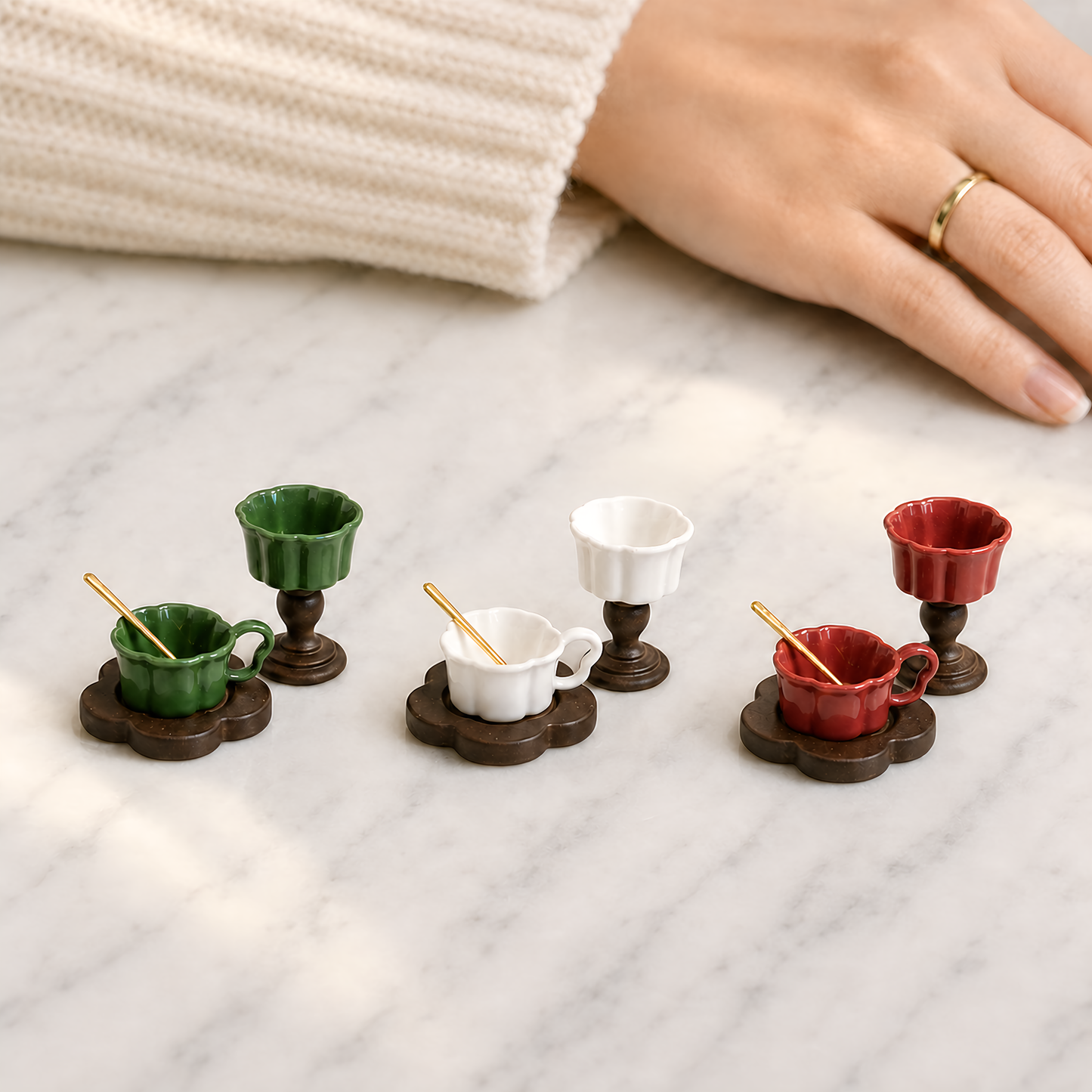 FDMINI Mini Teacup Set (Golden Spoon) – Miniature Ceramic Coffee Cup, Wood Saucer & Footed Goblet in 3 Colors for 1:12 Dollhouse & Christmas Tea Scenes