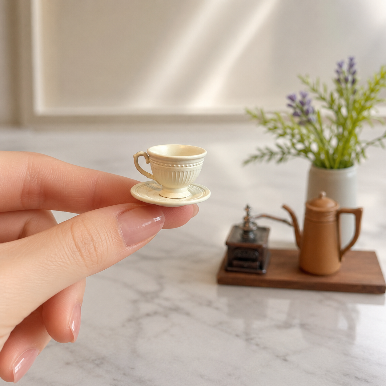 FDMINI Mini Teacup & Saucer Sets – 5 Colors × 3 Sizes Fluted French Miniature Coffee Cups for 1:6 Dollhouse, BJD & Blythe Scenes