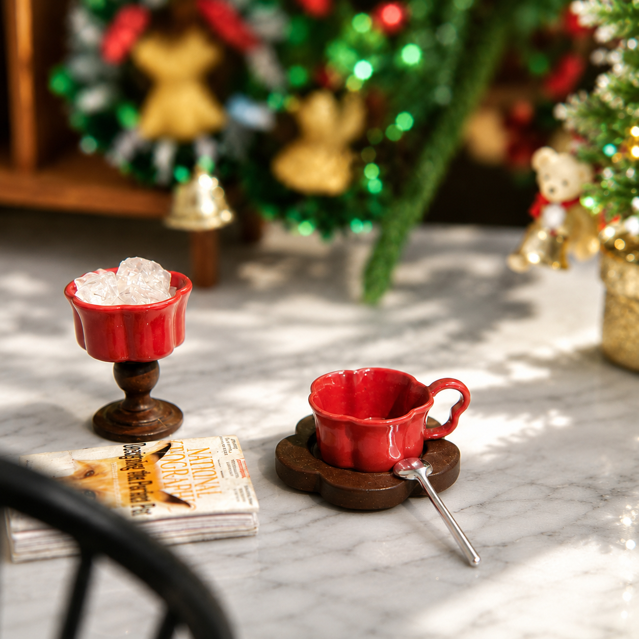 FDMINI Mini Teacup Set (Silver Spoon) – Miniature Ceramic Coffee Cup, Wood Saucer & Footed Goblet in 3 Colors for 1:12 Dollhouse & Christmas Tea Scenes