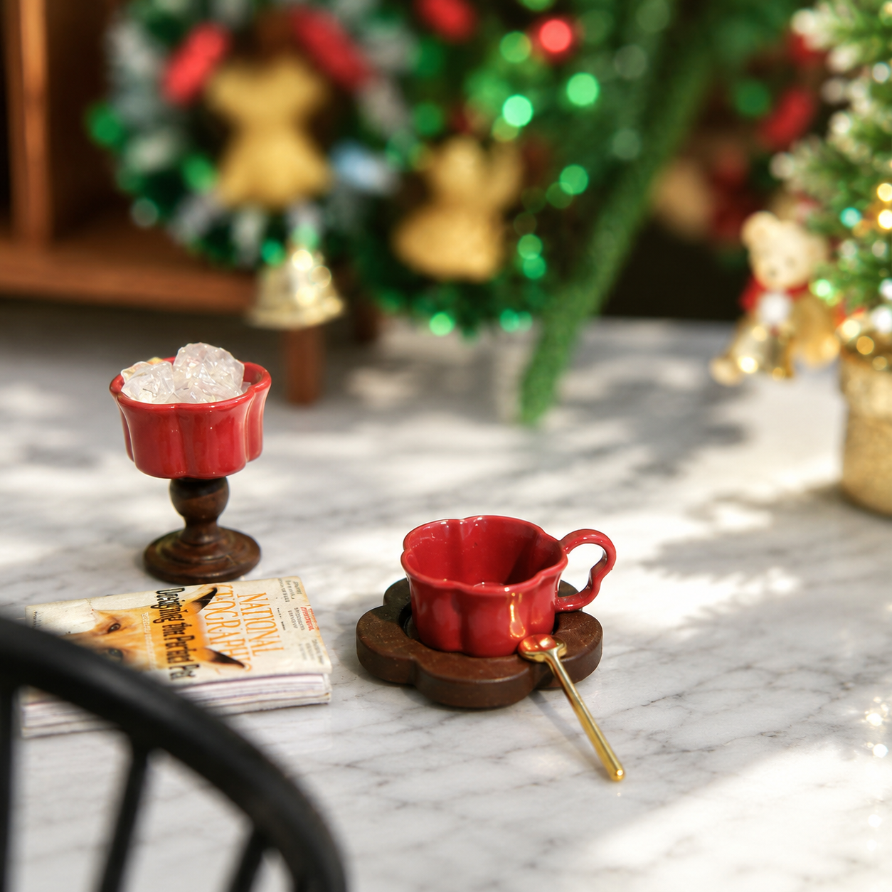 FDMINI Mini Teacup Set (Golden Spoon) – Miniature Ceramic Coffee Cup, Wood Saucer & Footed Goblet in 3 Colors for 1:12 Dollhouse & Christmas Tea Scenes