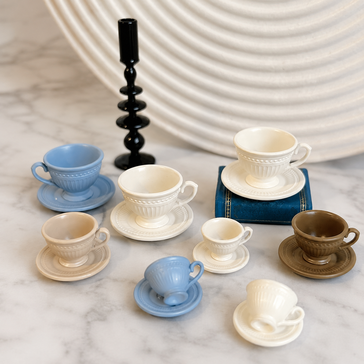FDMINI Mini Teacup & Saucer Sets – 5 Colors × 3 Sizes Fluted French Miniature Coffee Cups for 1:6 Dollhouse, BJD & Blythe Scenes