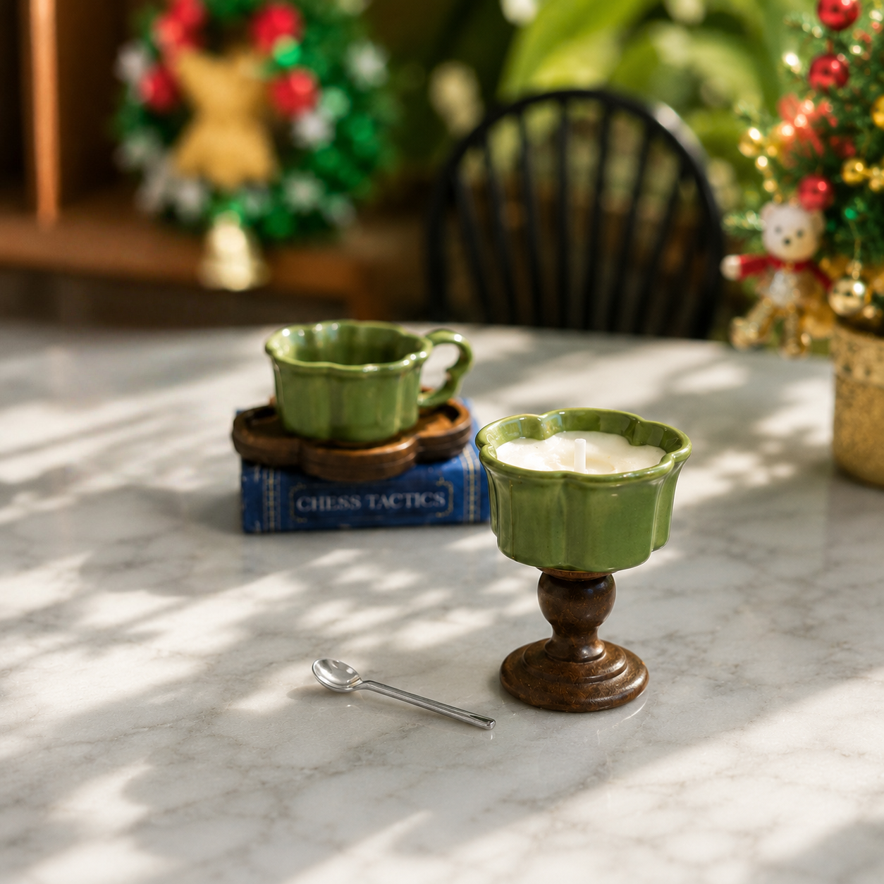 FDMINI Mini Teacup Set (Silver Spoon) – Miniature Ceramic Coffee Cup, Wood Saucer & Footed Goblet in 3 Colors for 1:12 Dollhouse & Christmas Tea Scenes
