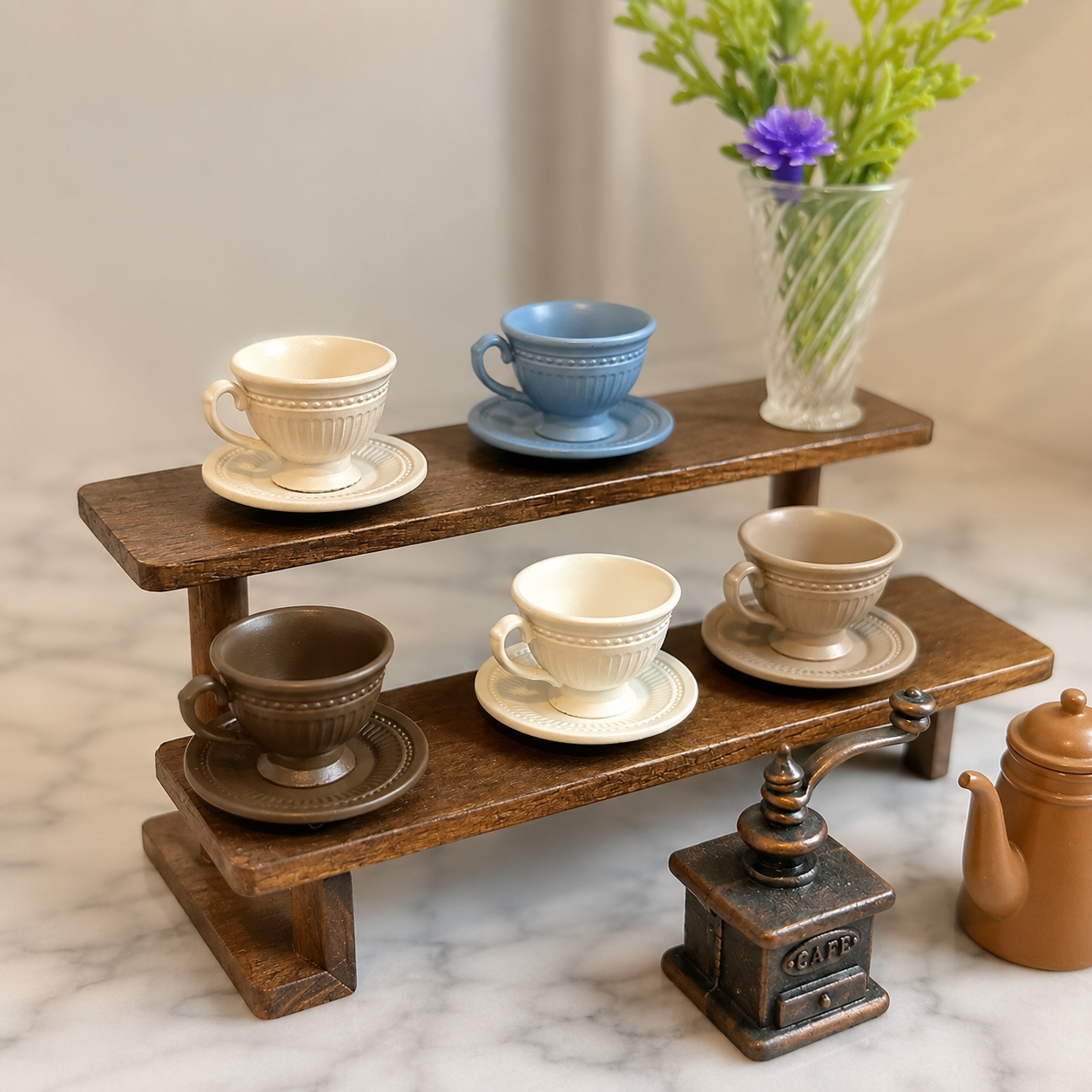 FDMINI Mini Teacup & Saucer Sets – 5 Colors × 3 Sizes Fluted French Miniature Coffee Cups for 1:6 Dollhouse, BJD & Blythe Scenes