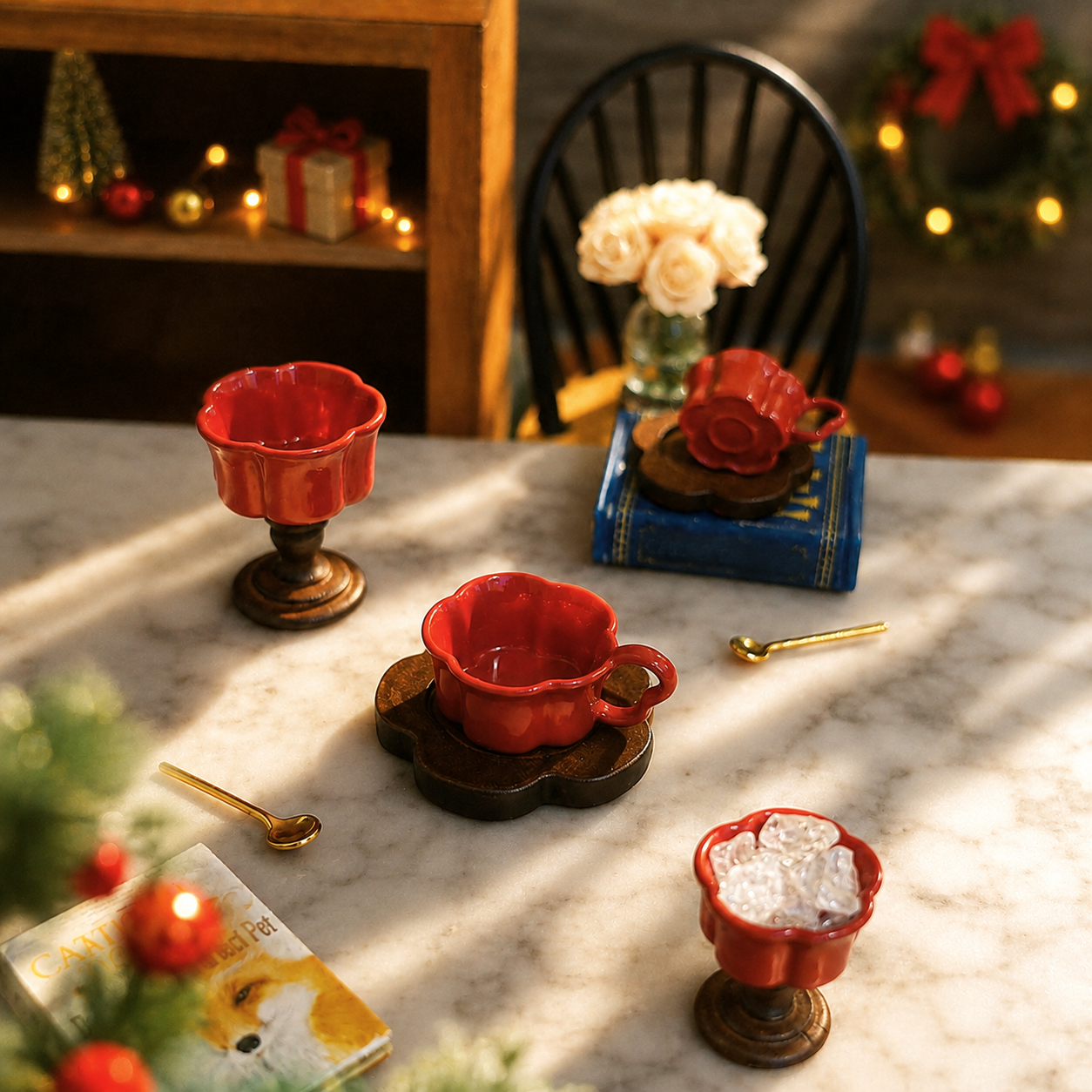 FDMINI Mini Teacup Set (Golden Spoon) – Miniature Ceramic Coffee Cup, Wood Saucer & Footed Goblet in 3 Colors for 1:12 Dollhouse & Christmas Tea Scenes