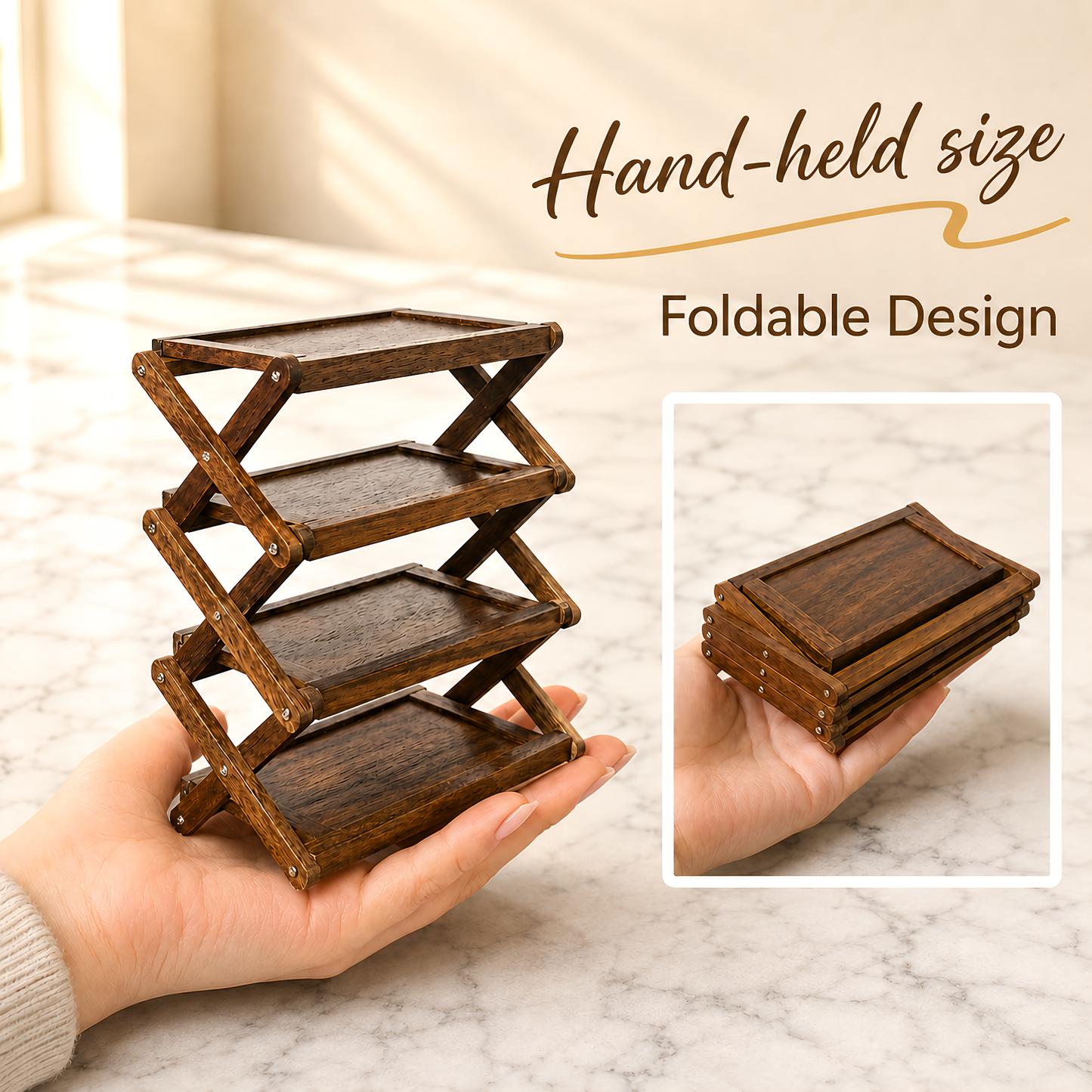 FDMINI Mini Foldable 4-Tier Shelf – Miniature Walnut Wood Folding Rack for 1:6 & 1:12 Dollhouse, Diorama & Room Scenes