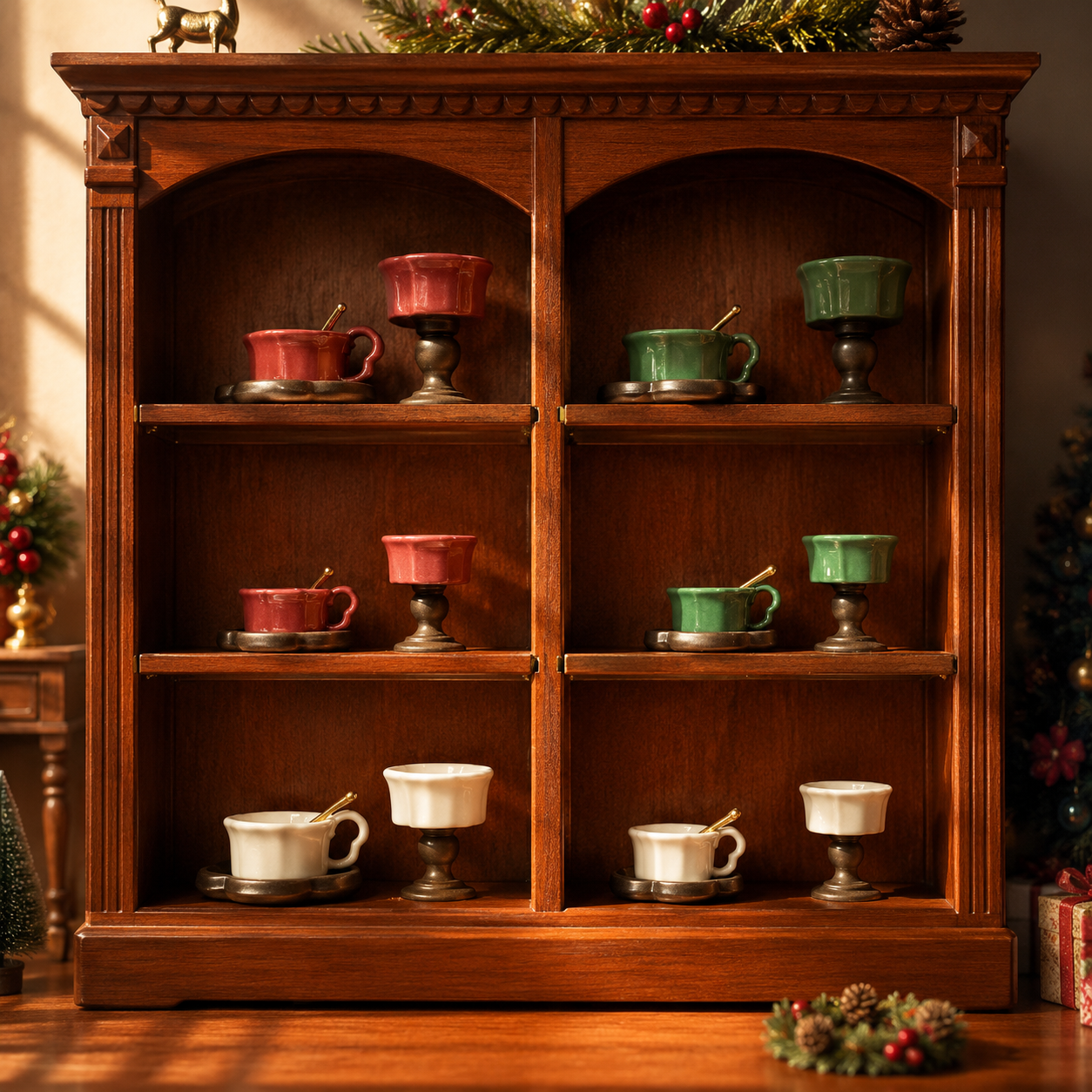 FDMINI Mini Teacup Set (Golden Spoon) – Miniature Ceramic Coffee Cup, Wood Saucer & Footed Goblet in 3 Colors for 1:12 Dollhouse & Christmas Tea Scenes