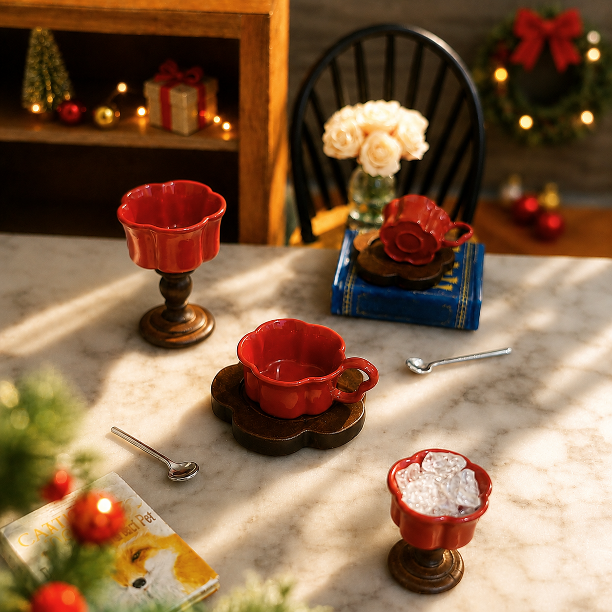FDMINI Mini Teacup Set (Silver Spoon) – Miniature Ceramic Coffee Cup, Wood Saucer & Footed Goblet in 3 Colors for 1:12 Dollhouse & Christmas Tea Scenes