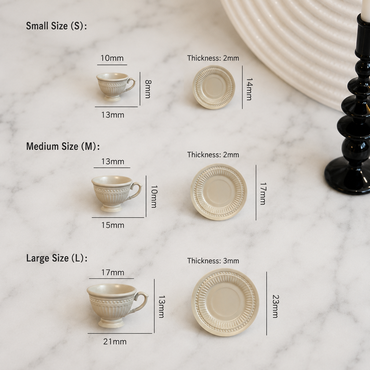 FDMINI Mini Teacup & Saucer Sets – 5 Colors × 3 Sizes Fluted French Miniature Coffee Cups for 1:6 Dollhouse, BJD & Blythe Scenes