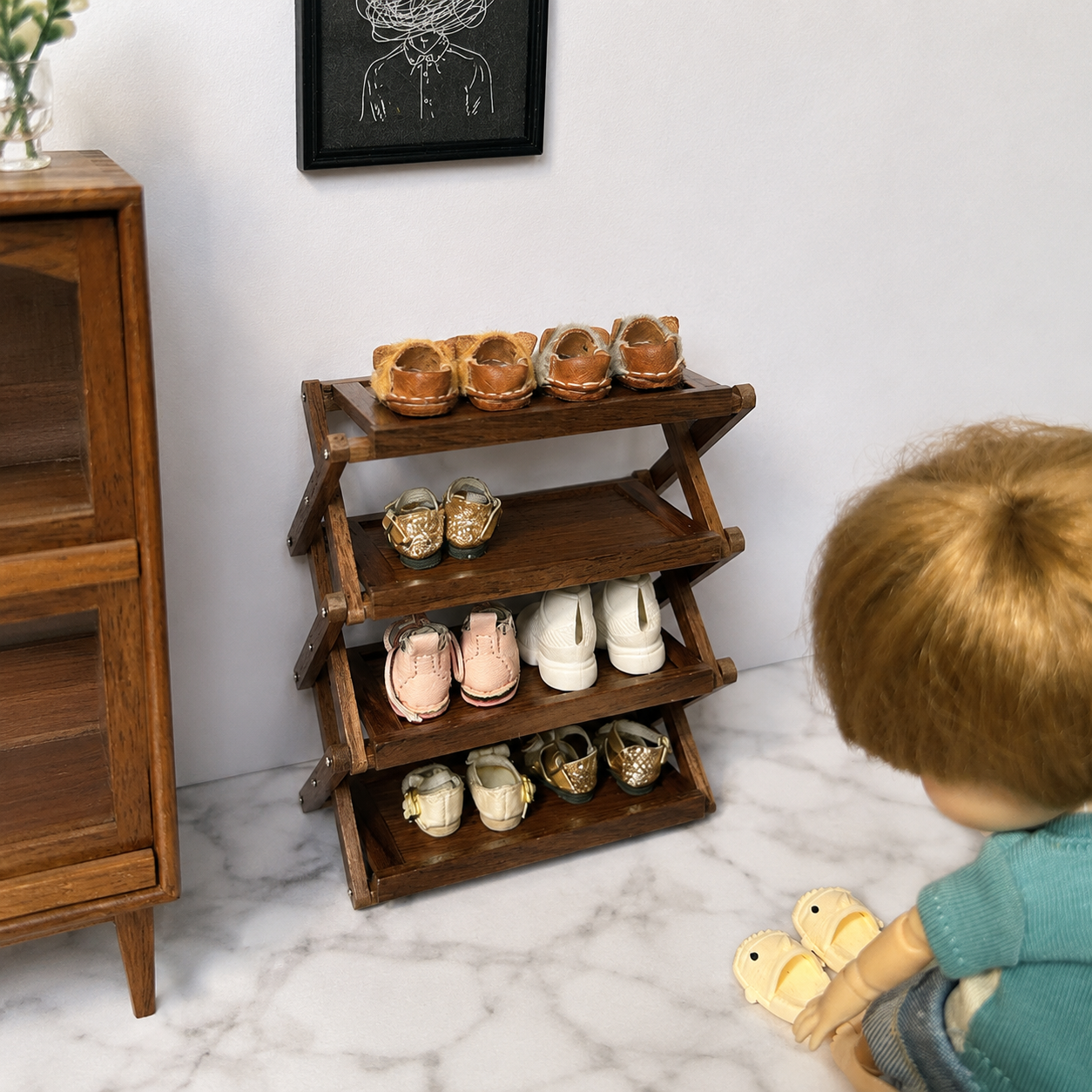 FDMINI Mini Foldable 4-Tier Shelf – Miniature Walnut Wood Folding Rack for 1:6 & 1:12 Dollhouse, Diorama & Room Scenes