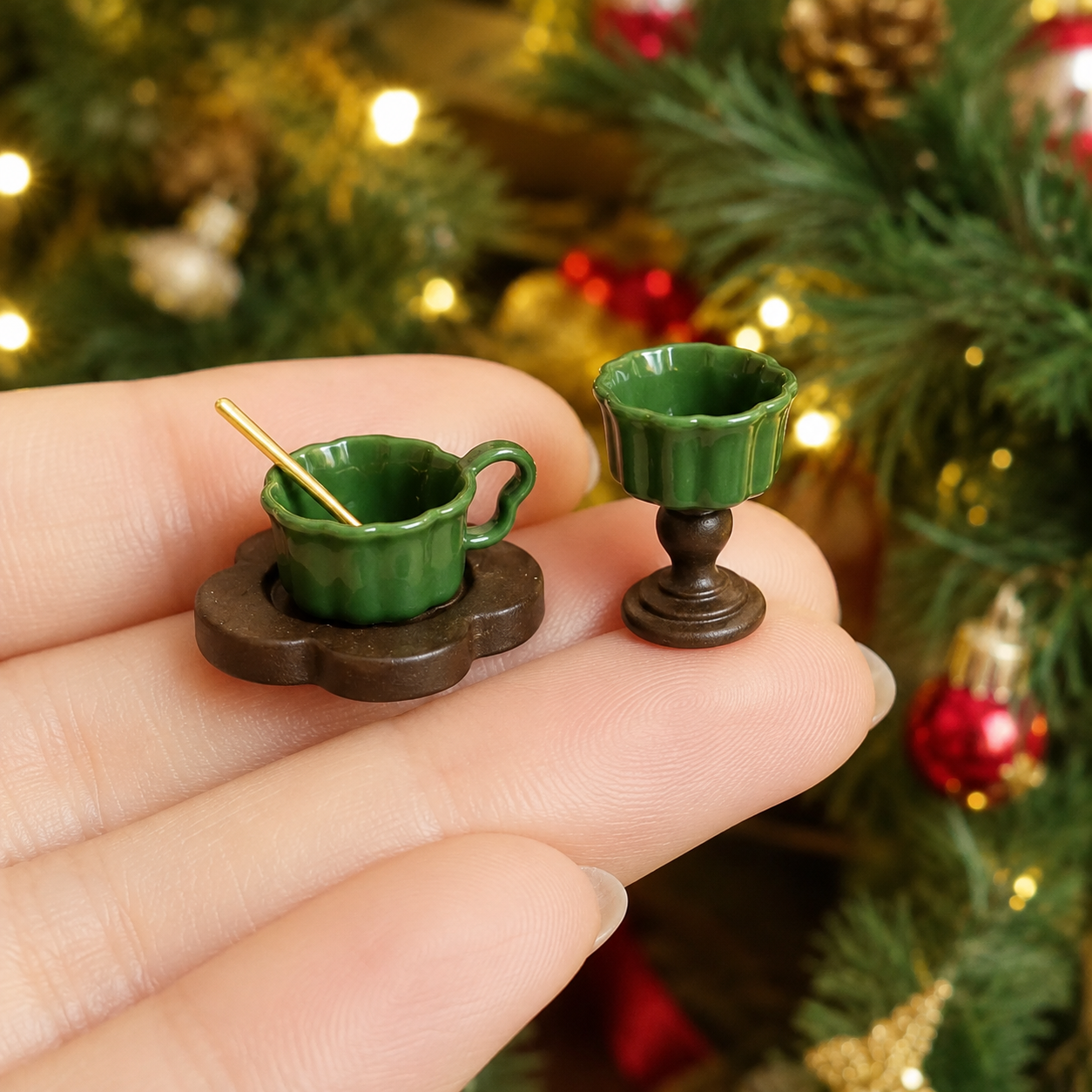 FDMINI Mini Teacup Set (Golden Spoon) – Miniature Ceramic Coffee Cup, Wood Saucer & Footed Goblet in 3 Colors for 1:12 Dollhouse & Christmas Tea Scenes