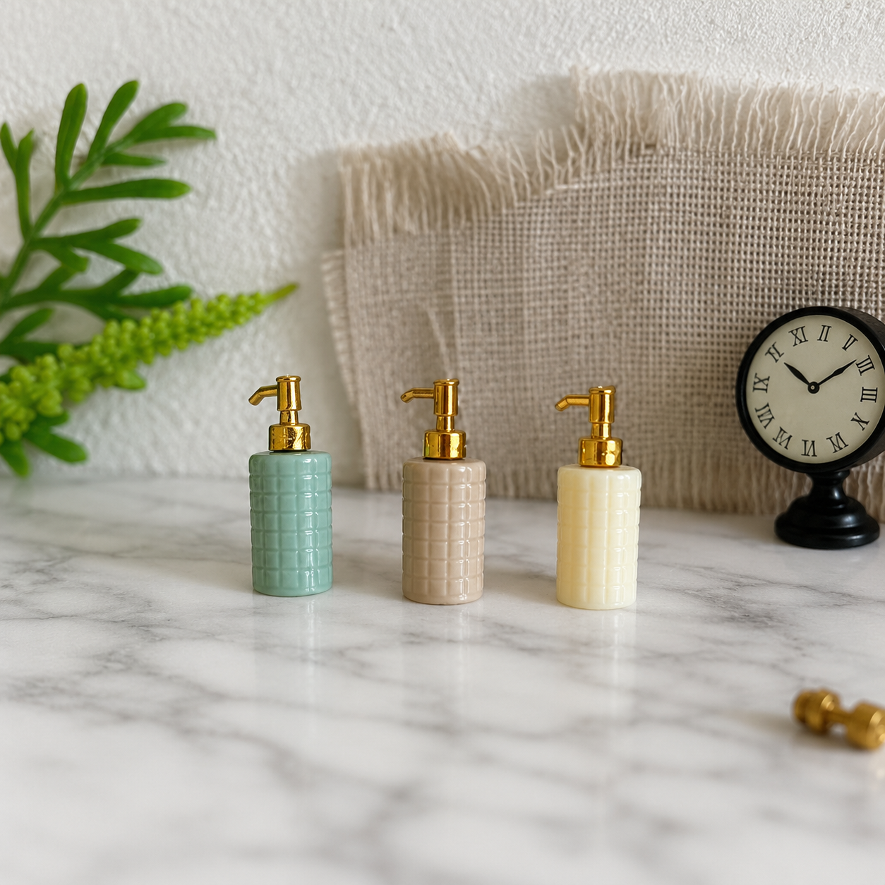 FDMINI Mini Soap Dispenser – 3 Bottle Colors × 4 Metal Pump Finishes Miniature Ceramic Lotion Pump Bottle for 1:12 Dollhouse Bathroom Scenes