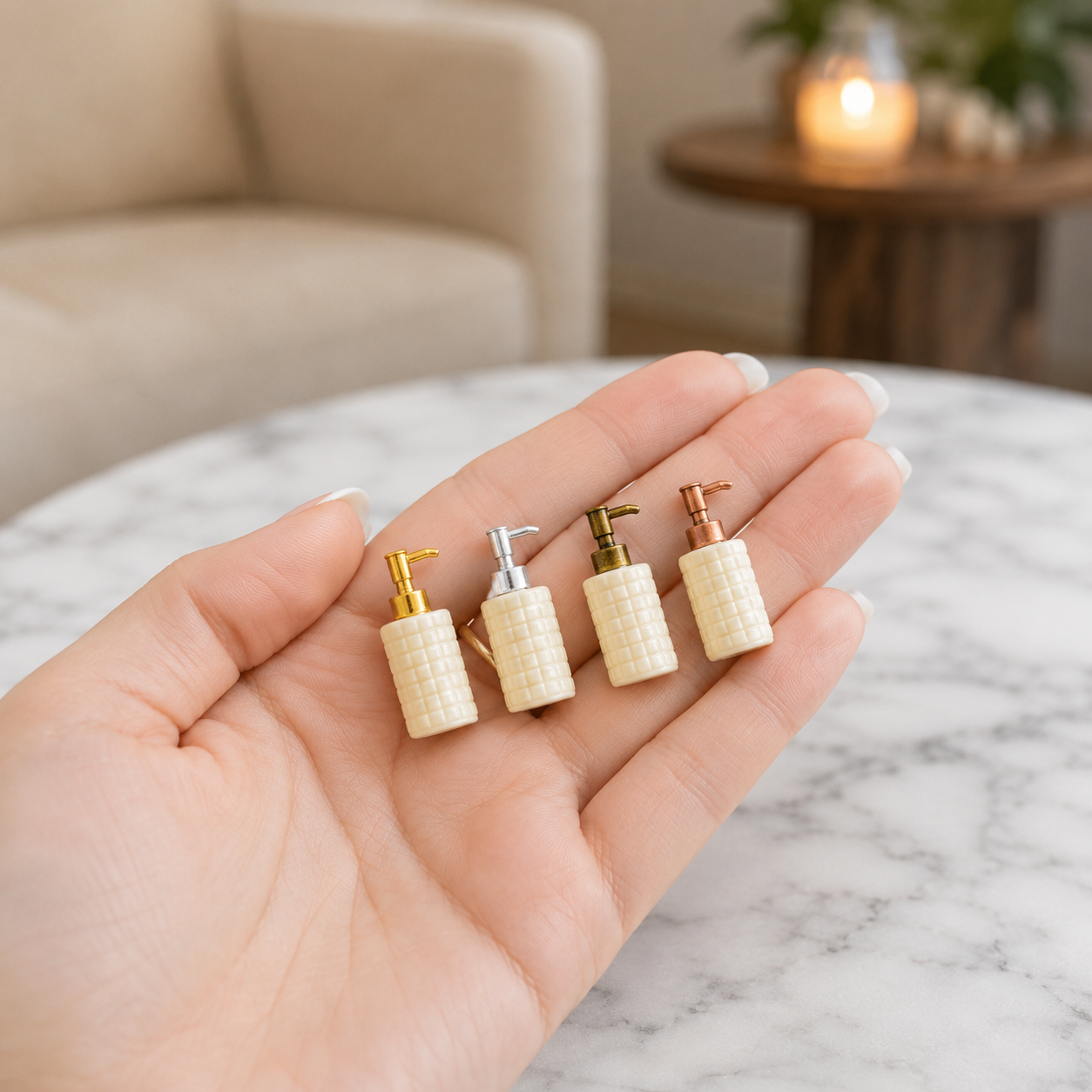 FDMINI Mini Soap Dispenser – 3 Bottle Colors × 4 Metal Pump Finishes Miniature Ceramic Lotion Pump Bottle for 1:12 Dollhouse Bathroom Scenes
