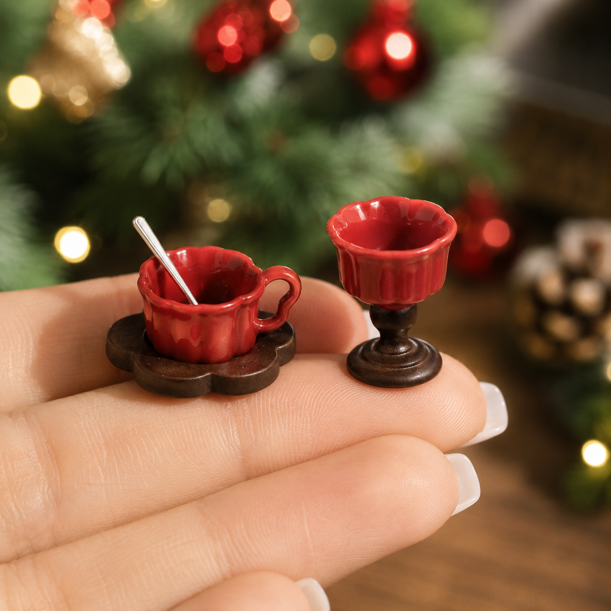 FDMINI Mini Teacup Set (Silver Spoon) – Miniature Ceramic Coffee Cup, Wood Saucer & Footed Goblet in 3 Colors for 1:12 Dollhouse & Christmas Tea Scenes