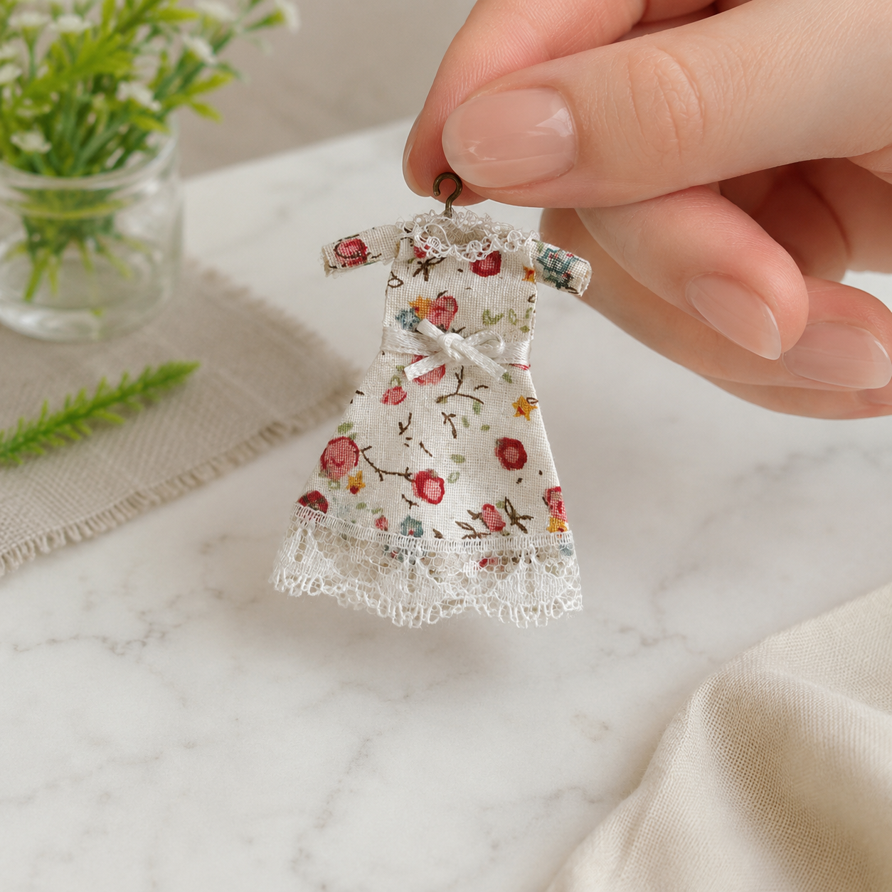 FDMINI Mini Floral Dress – 4 Prints Miniature Lace-Trim Doll Dress on Hanger for 1:12 Dollhouse Wardrobe & Diorama Scenes