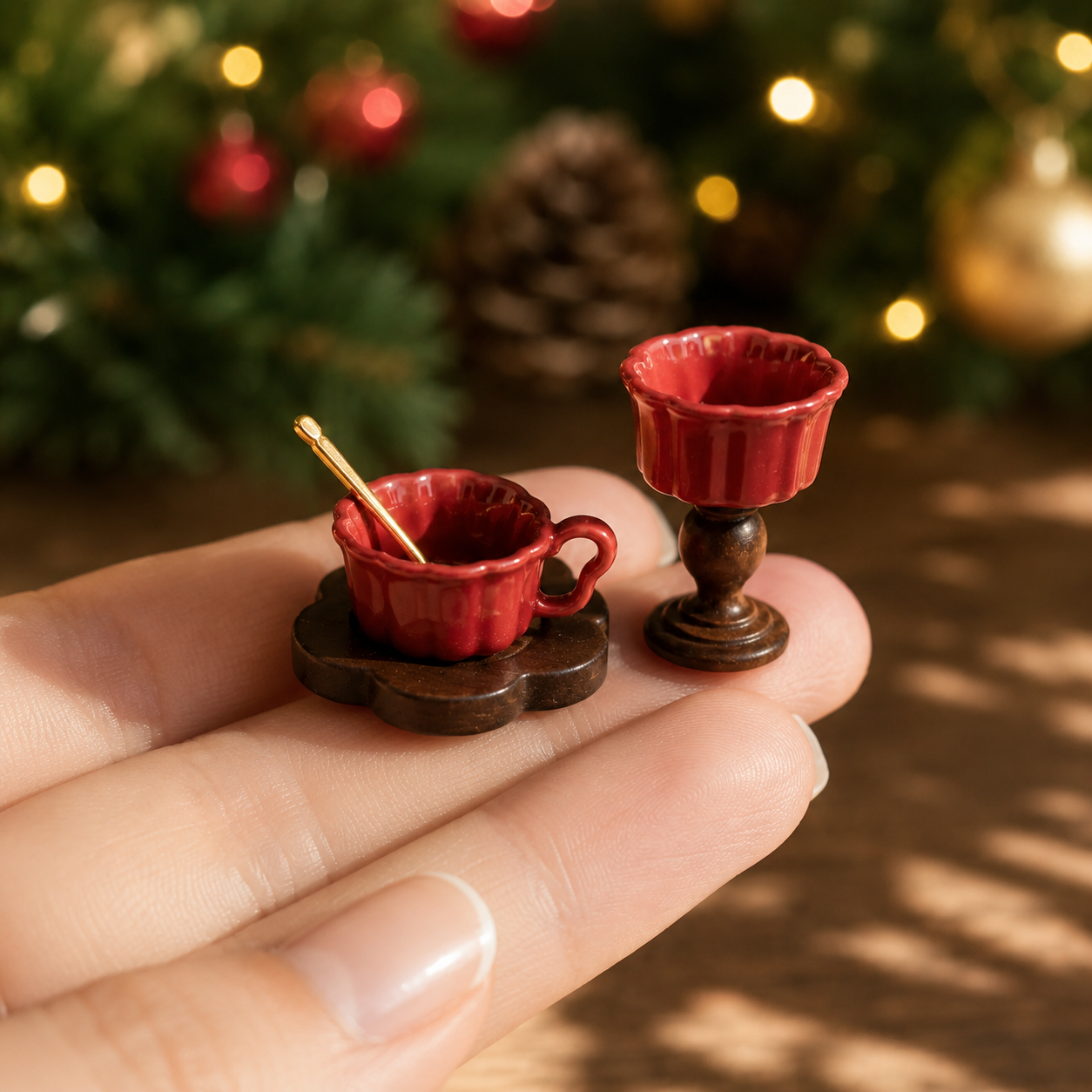 FDMINI Mini Teacup Set (Golden Spoon) – Miniature Ceramic Coffee Cup, Wood Saucer & Footed Goblet in 3 Colors for 1:12 Dollhouse & Christmas Tea Scenes