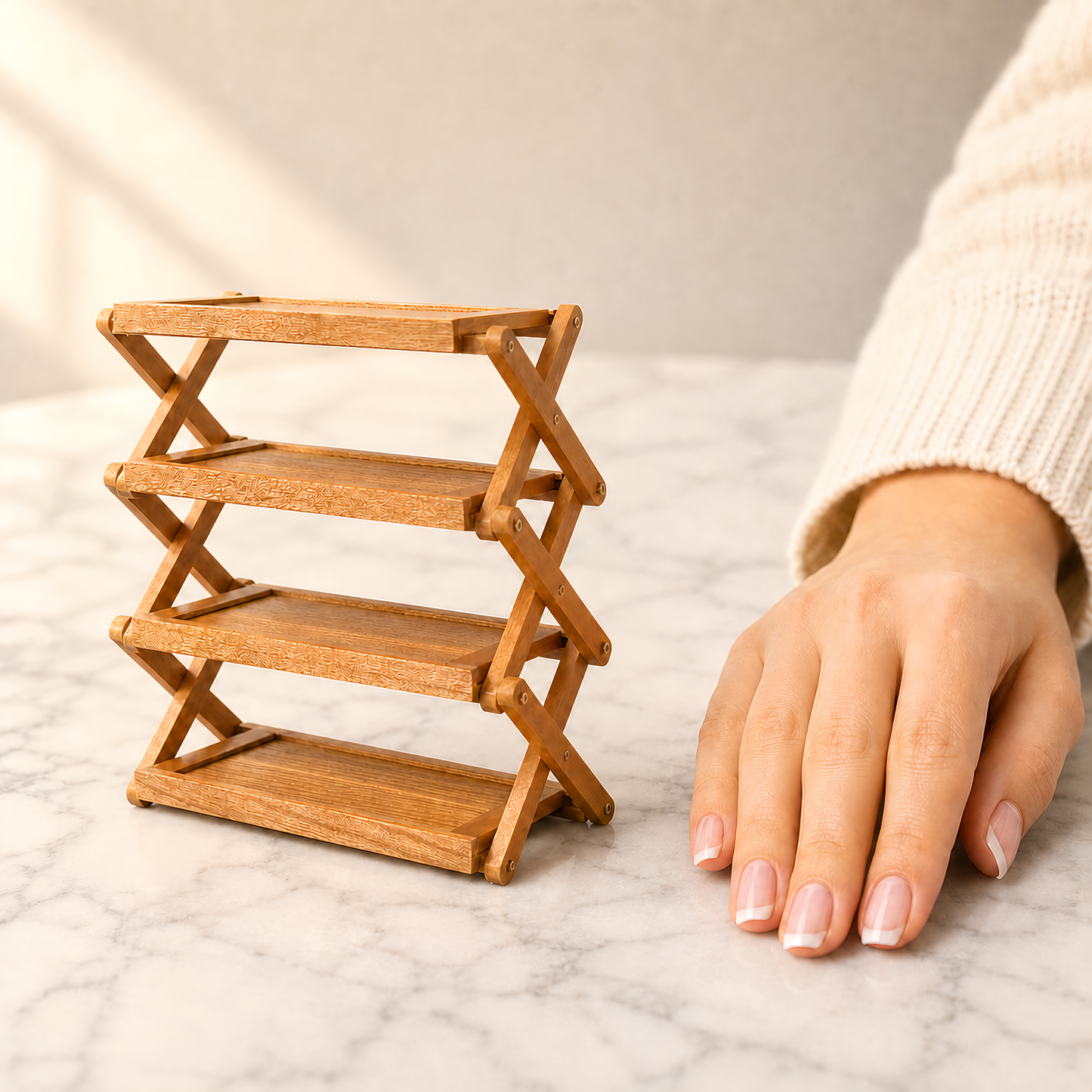 FDMINI Mini Foldable 4-Tier Shelf – Miniature Cherry Wood Folding Rack for 1:6 & 1:12 Dollhouse, Diorama & Room Scenes