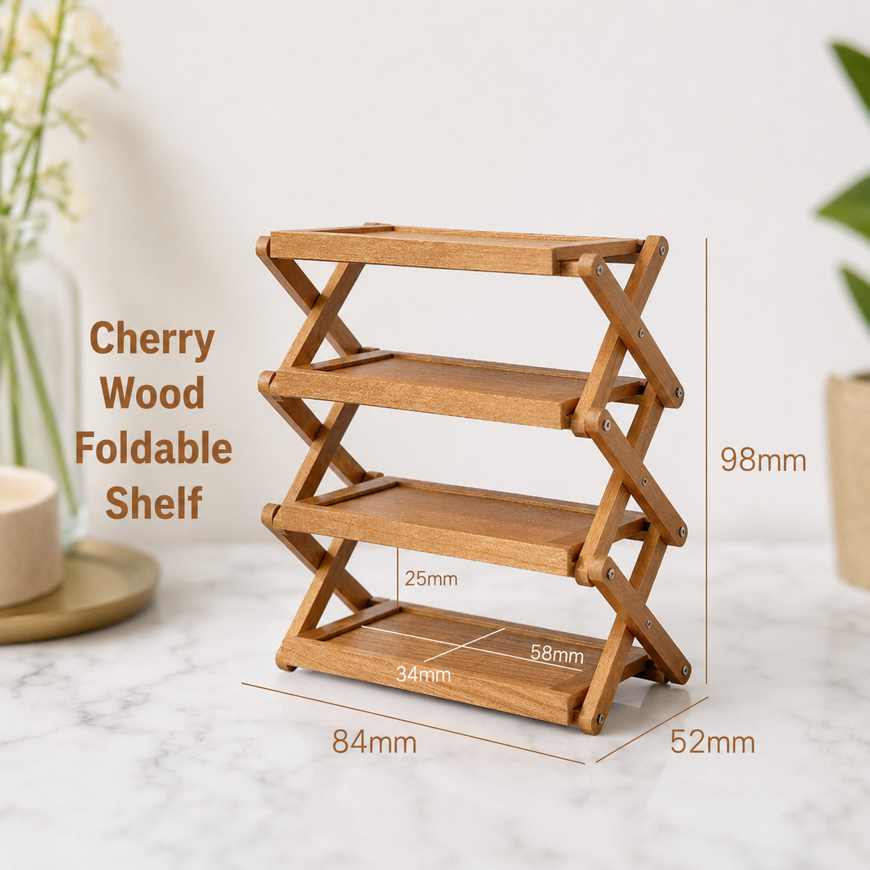 FDMINI Mini Foldable 4-Tier Shelf – Miniature Cherry Wood Folding Rack for 1:6 & 1:12 Dollhouse, Diorama & Room Scenes