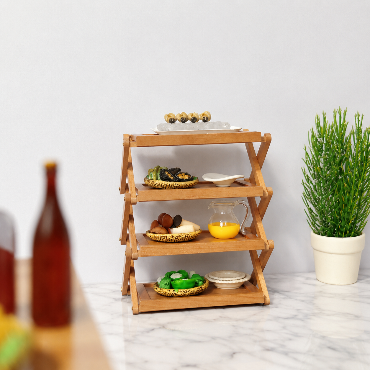 FDMINI Mini Foldable 4-Tier Shelf – Miniature Cherry Wood Folding Rack for 1:6 & 1:12 Dollhouse, Diorama & Room Scenes