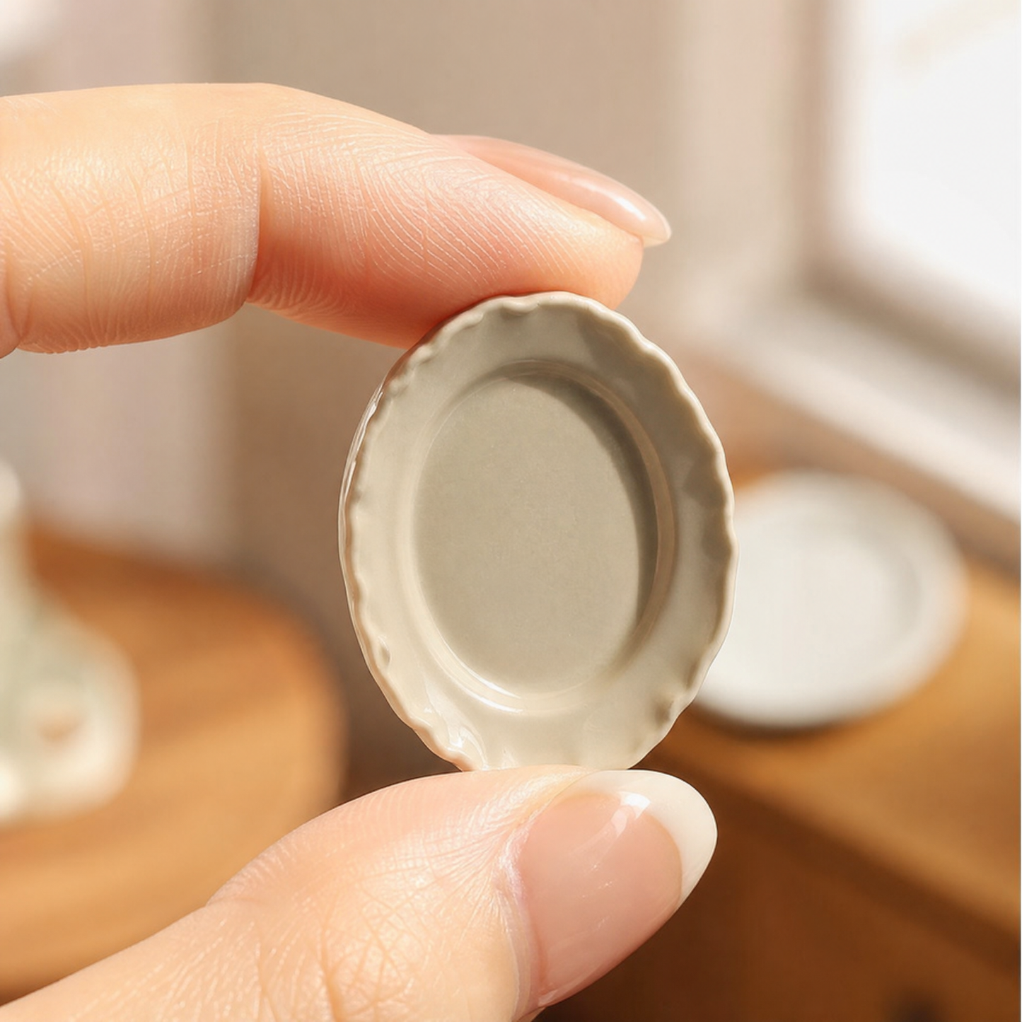 FDMINI Mini Oval Plate – 4 Colors Miniature Scalloped Oval Dessert Plate for 1:12 Dollhouse, Nordic Kitchen & Diorama Scenes