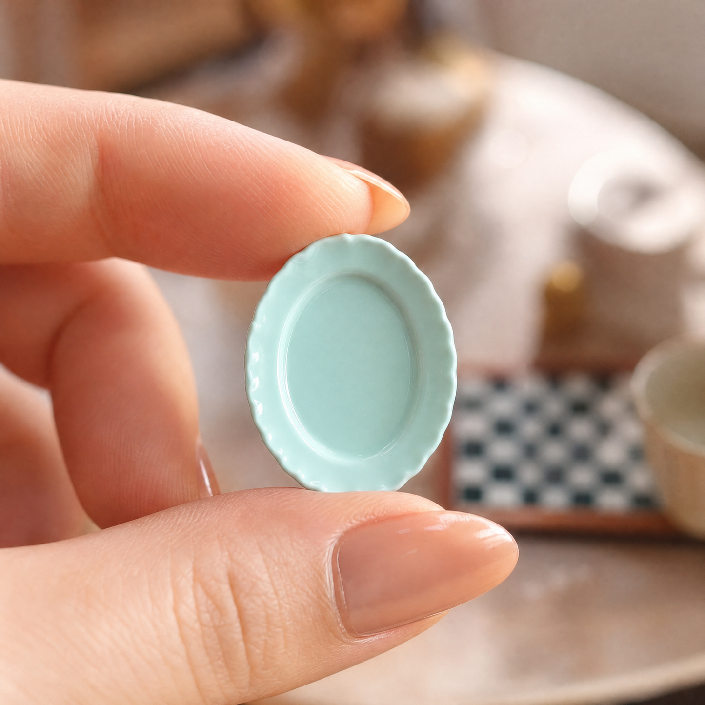 FDMINI Mini Oval Plate – 4 Colors Miniature Scalloped Oval Dessert Plate for 1:12 Dollhouse, Nordic Kitchen & Diorama Scenes