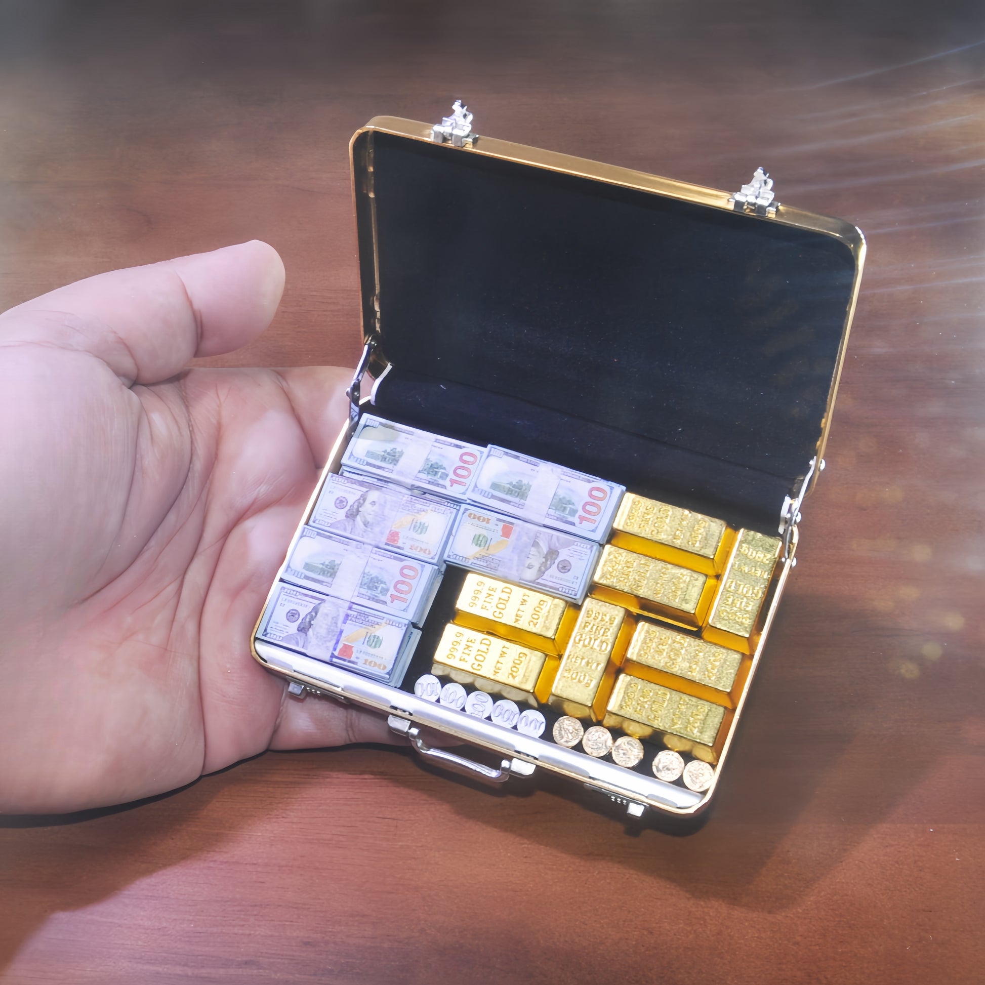 handmade clay miniature gold briefcase money set 1:6 scale fdmini