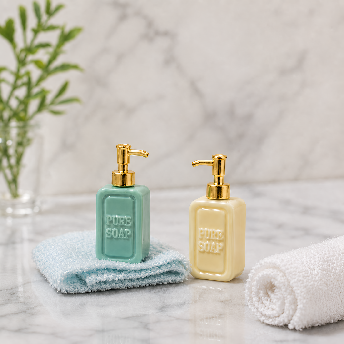 FDMINI Mini "Pure Soap" Dispenser Set – 2 Bottles per Set with Gold or Silver Pumps, Miniature Ceramic Soap Pump Bottles for 1:12 Dollhouse Bathroom