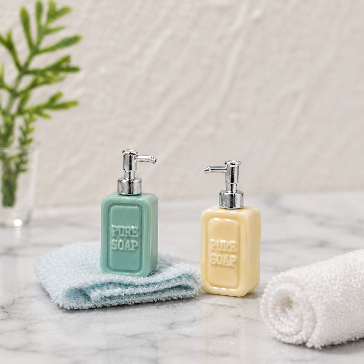 FDMINI Mini "Pure Soap" Dispenser Set – 2 Bottles per Set with Gold or Silver Pumps, Miniature Ceramic Soap Pump Bottles for 1:12 Dollhouse Bathroom
