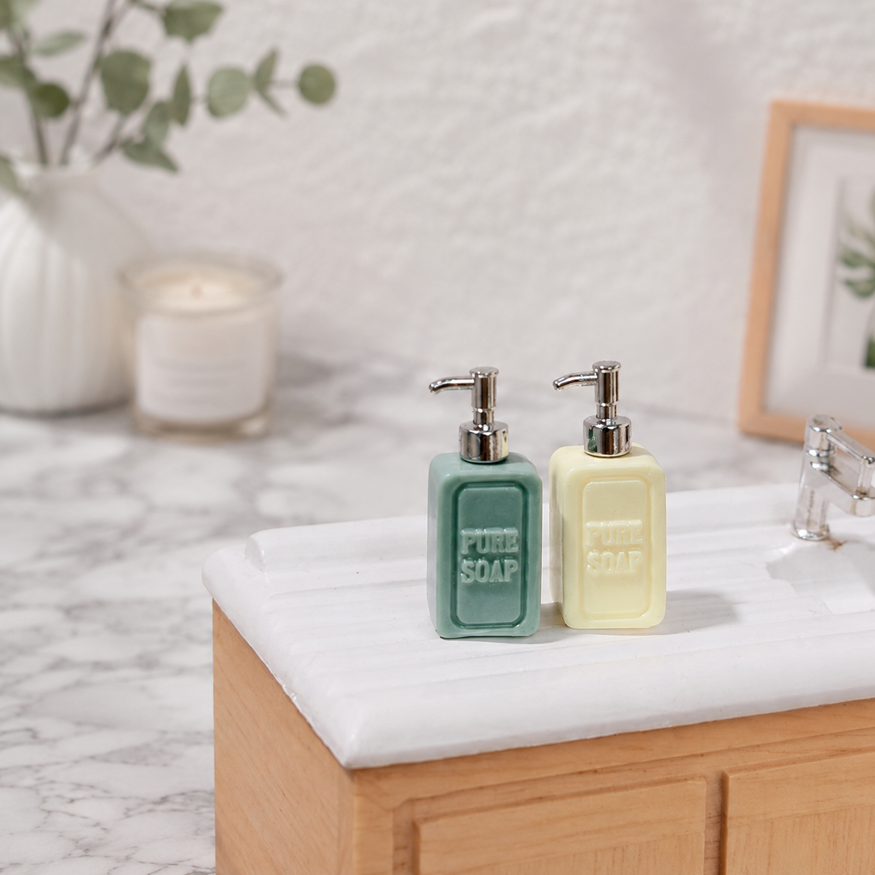 FDMINI Mini "Pure Soap" Dispenser Set – 2 Bottles per Set with Gold or Silver Pumps, Miniature Ceramic Soap Pump Bottles for 1:12 Dollhouse Bathroom