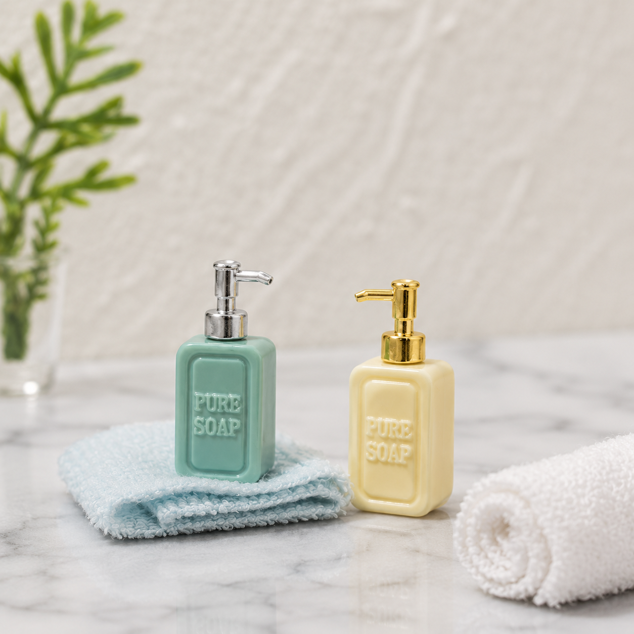 FDMINI Mini "Pure Soap" Dispenser Set – 2 Bottles per Set with Gold or Silver Pumps, Miniature Ceramic Soap Pump Bottles for 1:12 Dollhouse Bathroom
