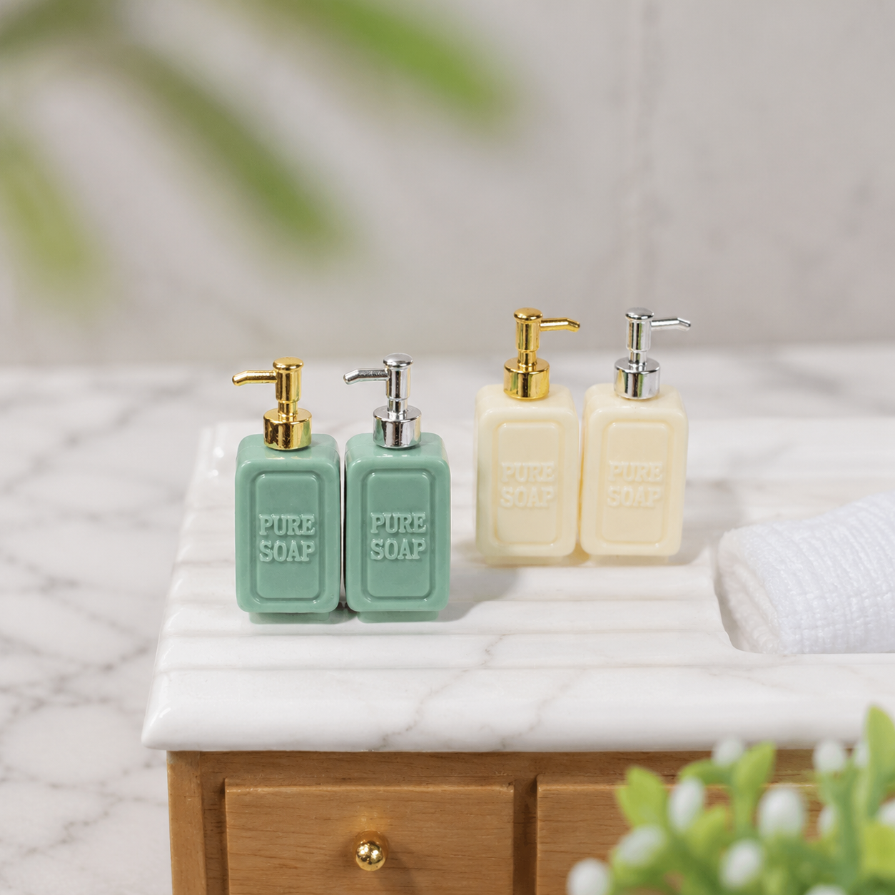 FDMINI Mini "Pure Soap" Dispenser Set – 2 Bottles per Set with Gold or Silver Pumps, Miniature Ceramic Soap Pump Bottles for 1:12 Dollhouse Bathroom