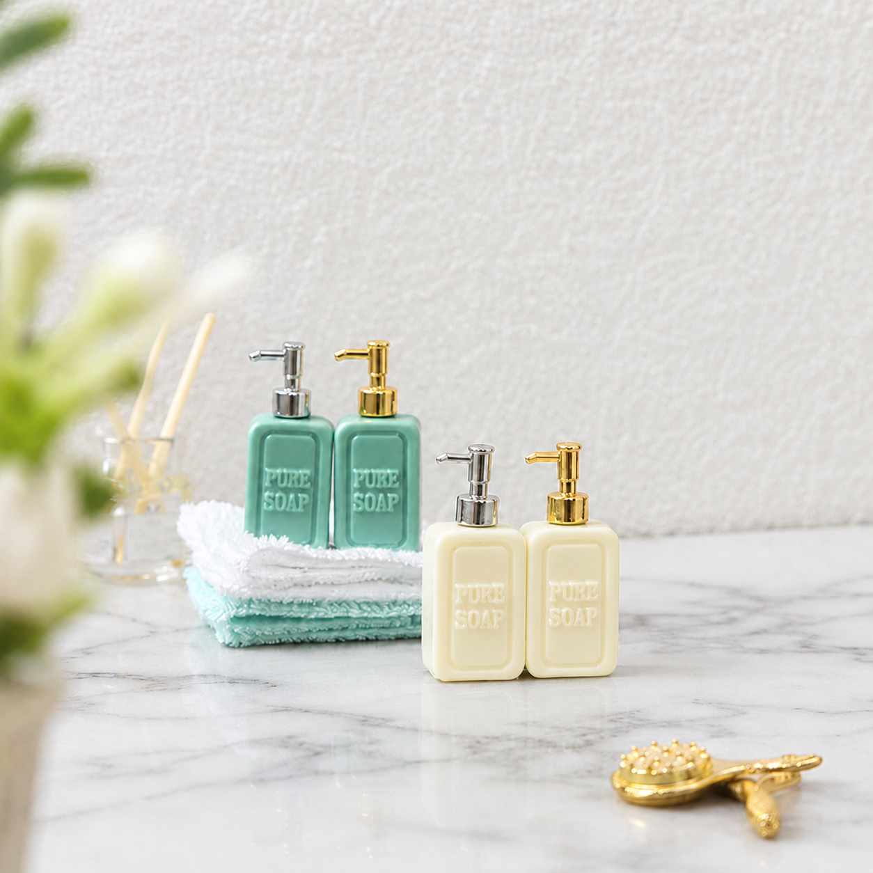 FDMINI Mini "Pure Soap" Dispenser Set – 2 Bottles per Set with Gold or Silver Pumps, Miniature Ceramic Soap Pump Bottles for 1:12 Dollhouse Bathroom