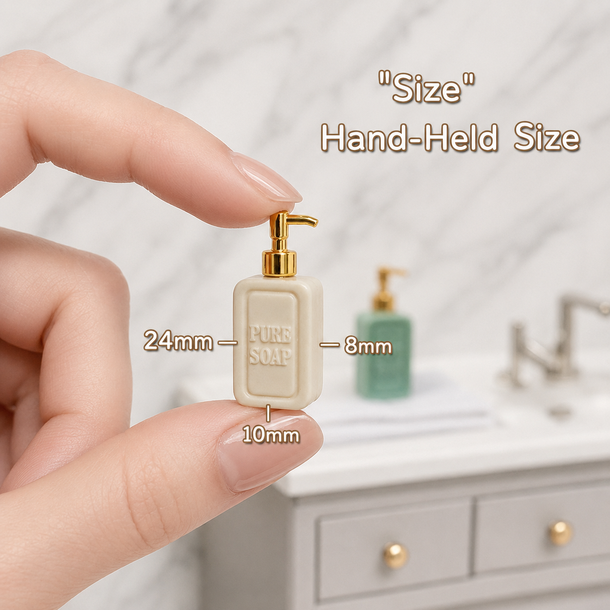 FDMINI Mini "Pure Soap" Dispenser Set – 2 Bottles per Set with Gold or Silver Pumps, Miniature Ceramic Soap Pump Bottles for 1:12 Dollhouse Bathroom